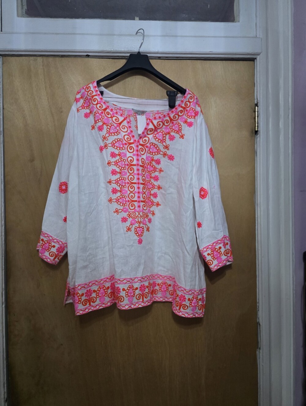 John Mark White Tunic Top with Neon Pink Embroidery
